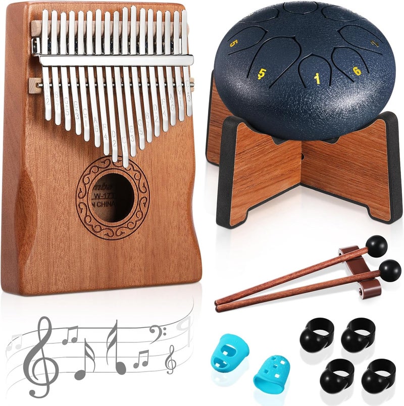 Resholder Rain Drum for Outside Garden Thumb Piano Kalimba Musical Instruments Set 8 Notes 6 Inches Steel Tongue Drum 17 Keys Finger Piano for Adult Beginners Gift for Christmas(Navy Blue) - Image 1